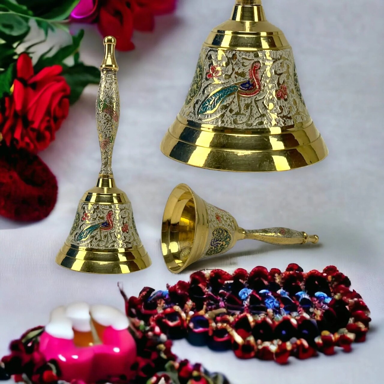 Decorative Peacock Temple Bells Brass Puja Ghanti Hindu Mandir Bell Coloured Pooja Jingle Bells Indian Home Decor Hand Painted Bell Housewarming Gift